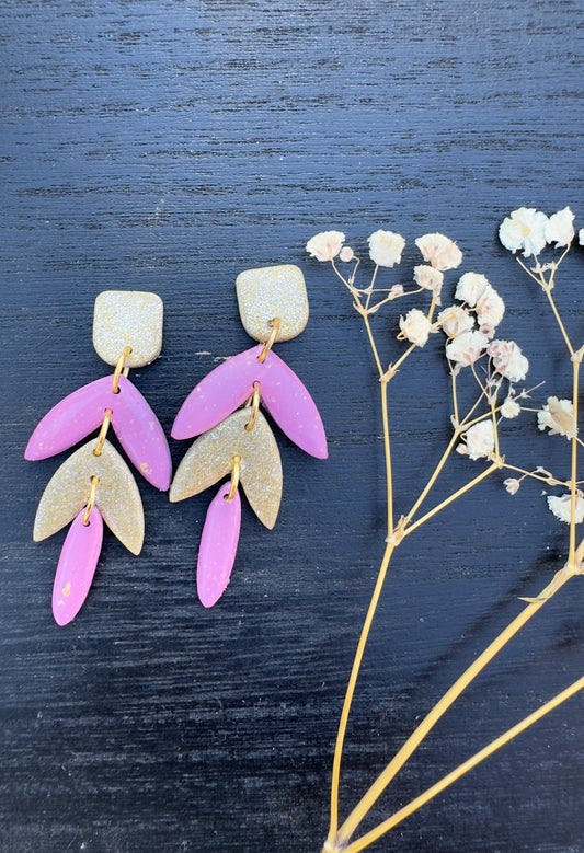 Boho, dangle earring, handmade, clay, purple, silver, gold and glitter.