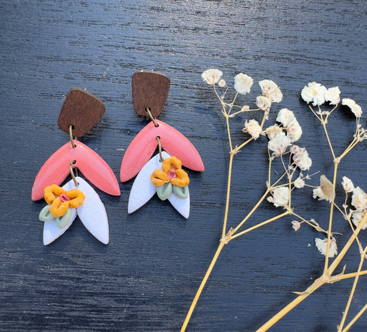 Boho dangle earring. Pink and grey, with gold glitter and flower.