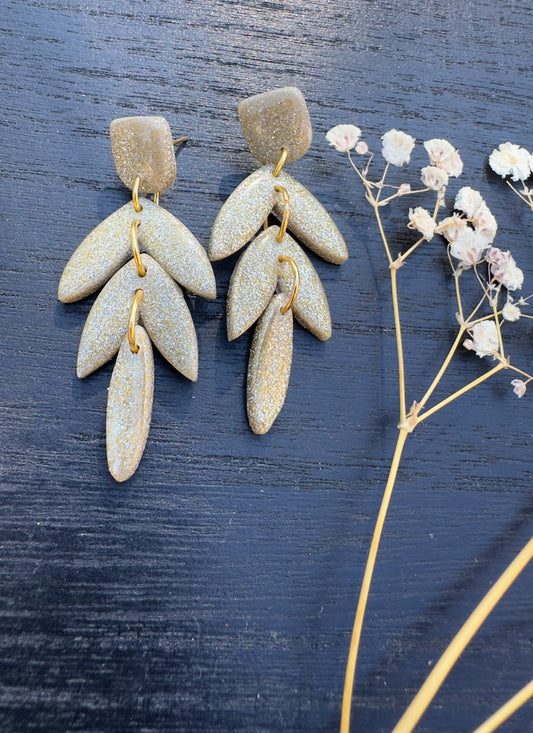 Boho, dangle earring, handmade, clay, silver, gold and glitter.