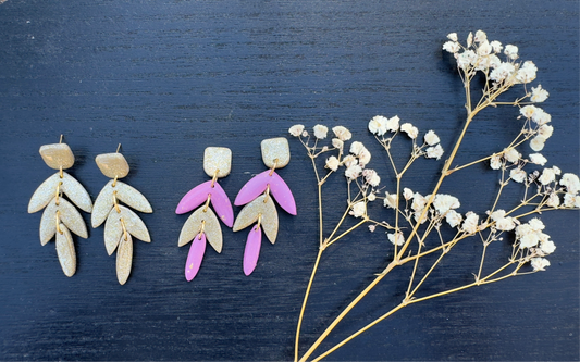 Boho, dangle earring, handmade, clay, purple, silver, gold and glitter.
